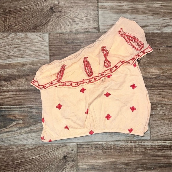 Free People Orange Easy On The Eyes One Shoulder Embroidered Cotton Blouse Top - Picture 2 of 3